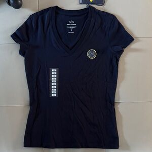 A|X  X Smiley World Collab. Women Black V-Neck Short Sleeve Tee with Subtle Logo